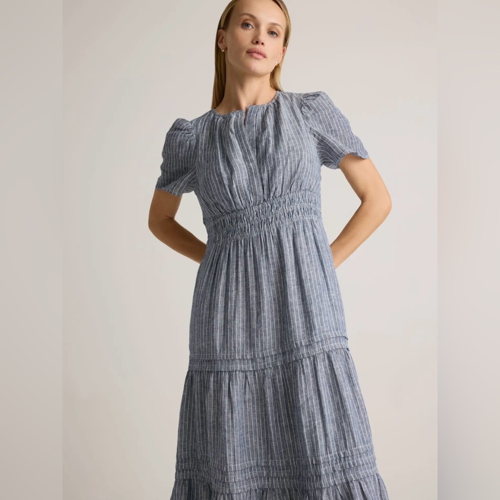 Quince European Linen Chambray Blue Striped Tiered Maxi Dress - Picture 2 of 12